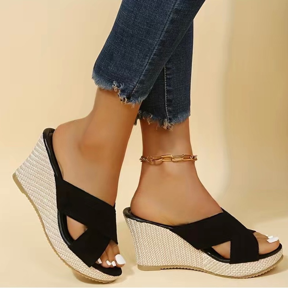 Black and straw wedge sandals